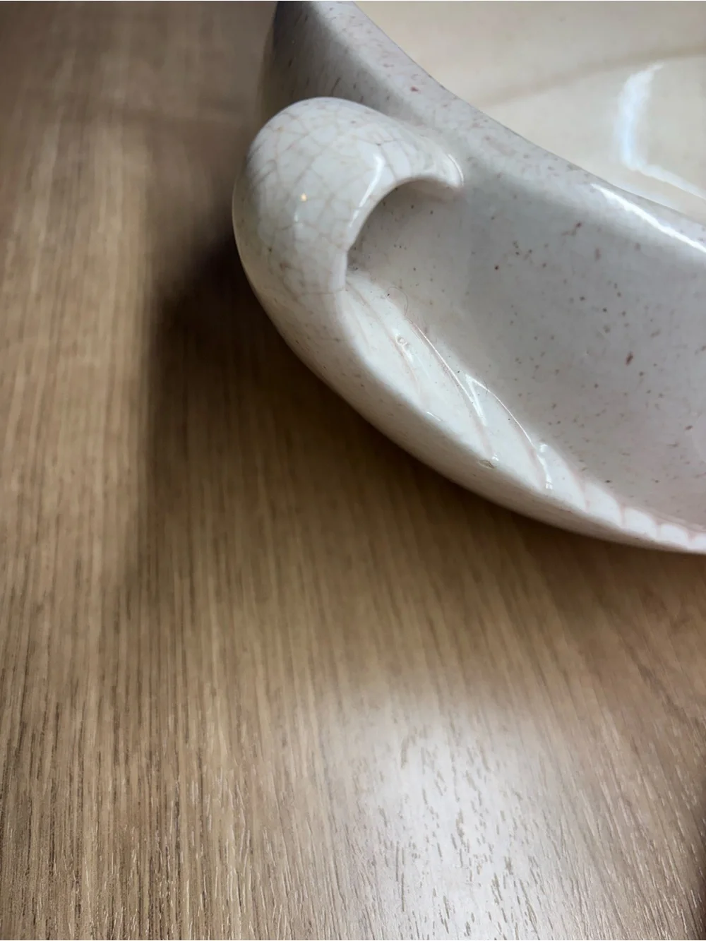 Vintage California Pottery MCM Casserole Dish Speckled White w Pink Lid